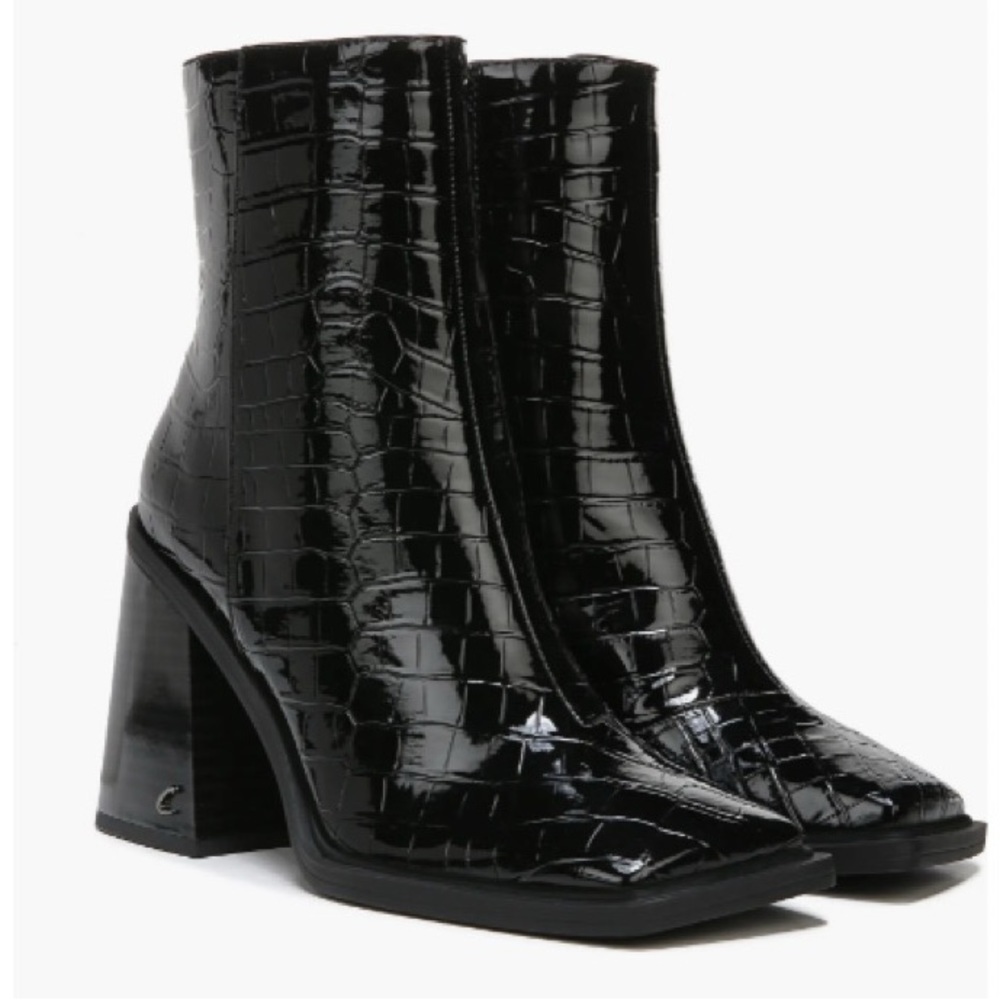 Black Croc-Embossed Block Heel Ankle Boots - Women